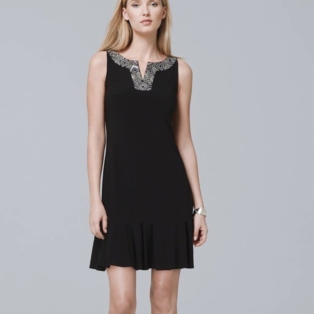 White House Black Market Sleeveless embellished pleat-hem dress